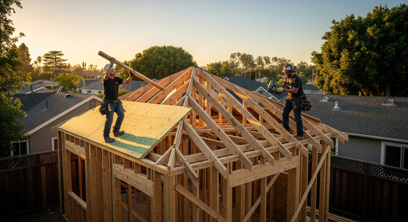 ADU construction process in California backyard