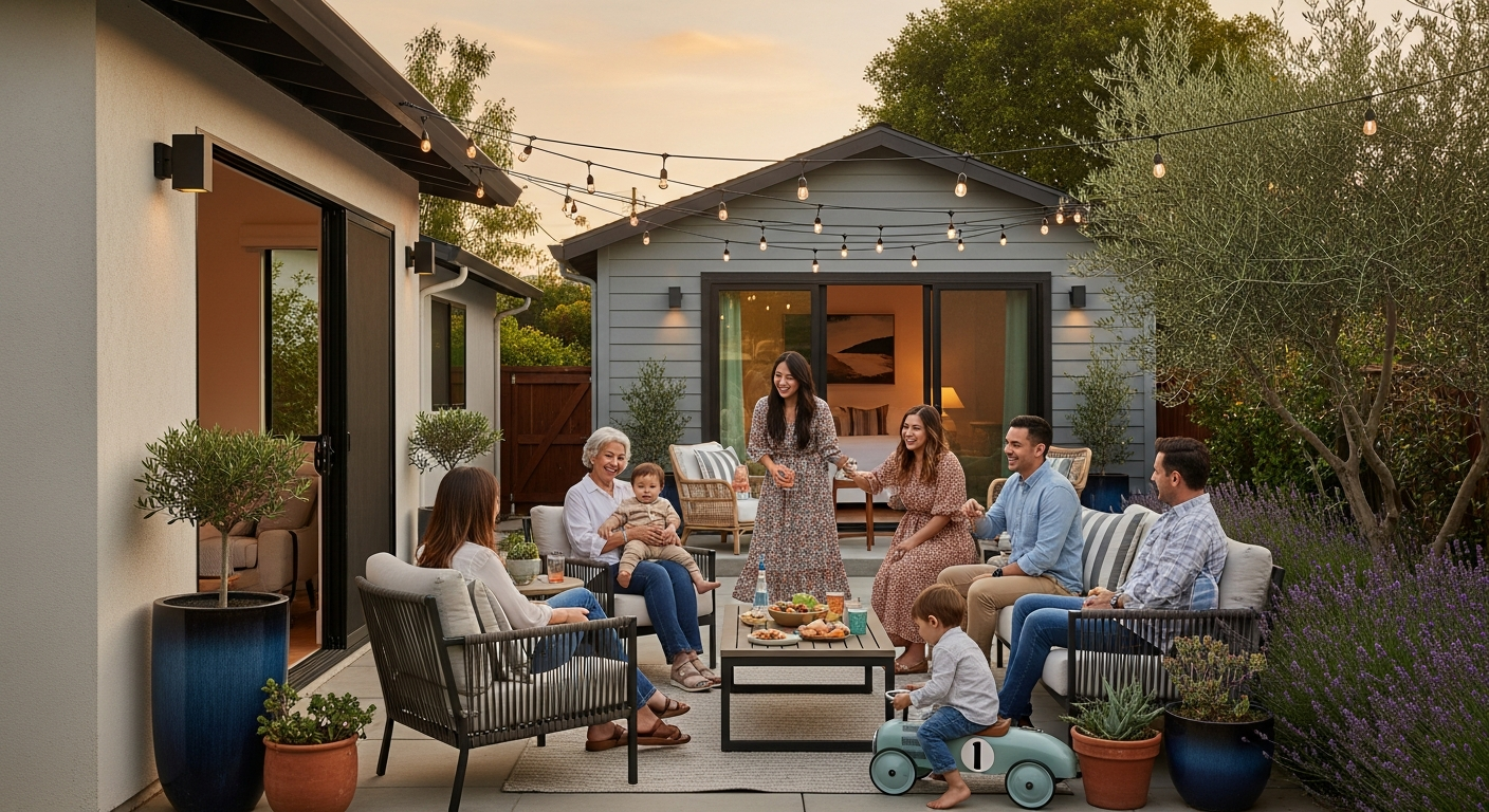 Multigenerational family enjoying outdoor space between main house and ADU
