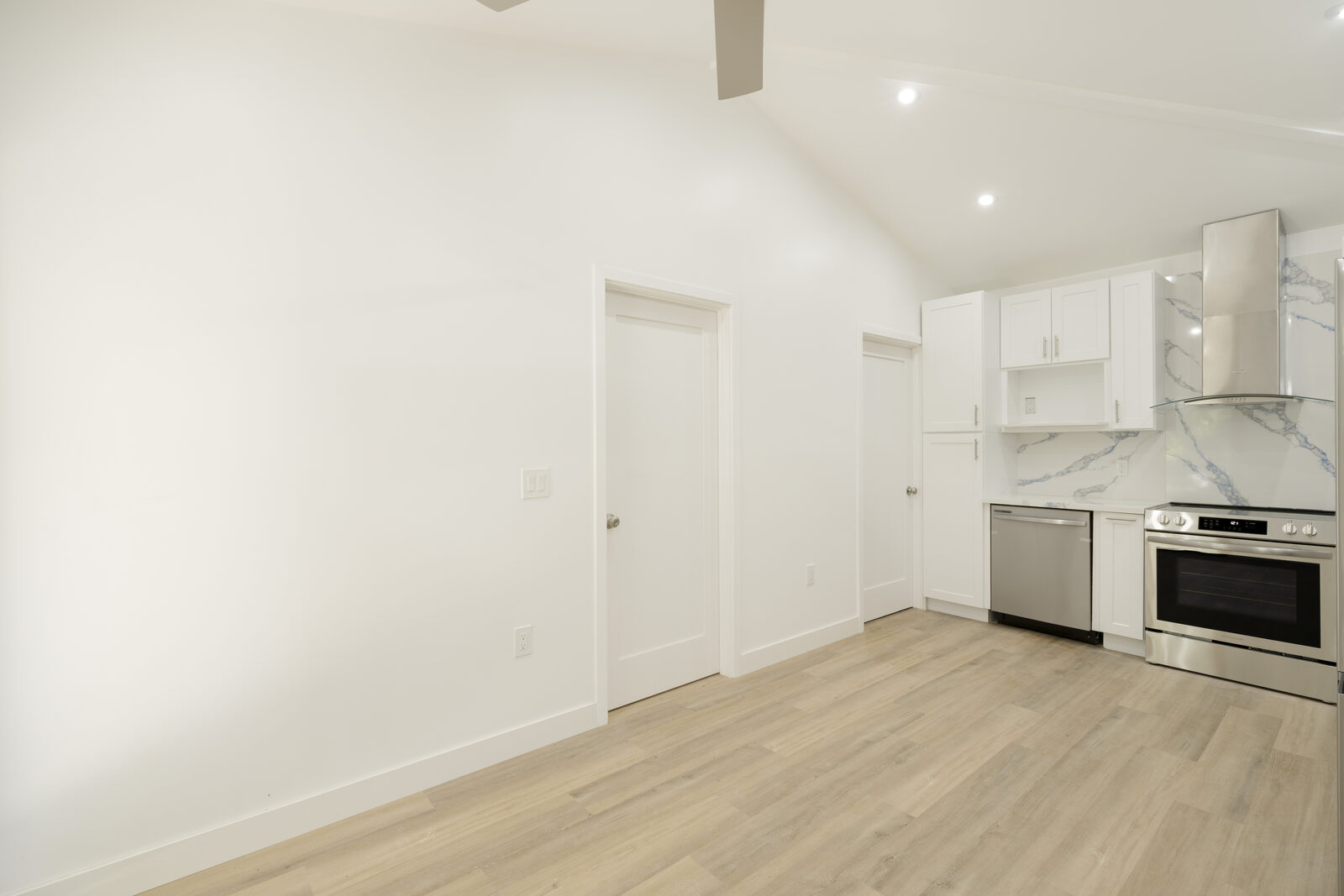 Open living area beside the kitchen in the 450 square foot Thousand Oaks garage conversion ADU