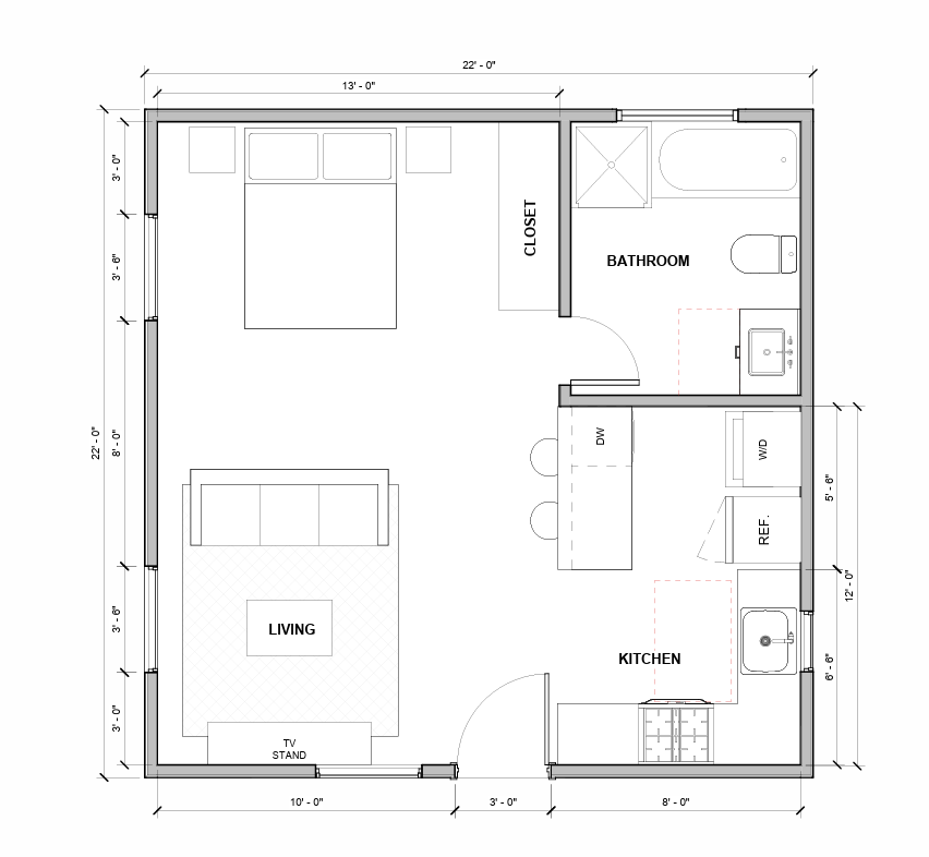 Marina 300 sqft studio ADU floor plan - open concept with kitchen and bathroom