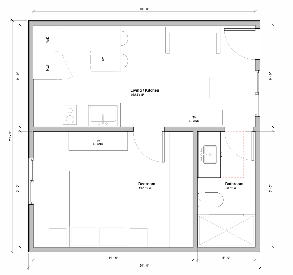 Sonoma 400 sqft ADU floor plan - 1 bedroom 1 bathroom with open kitchen