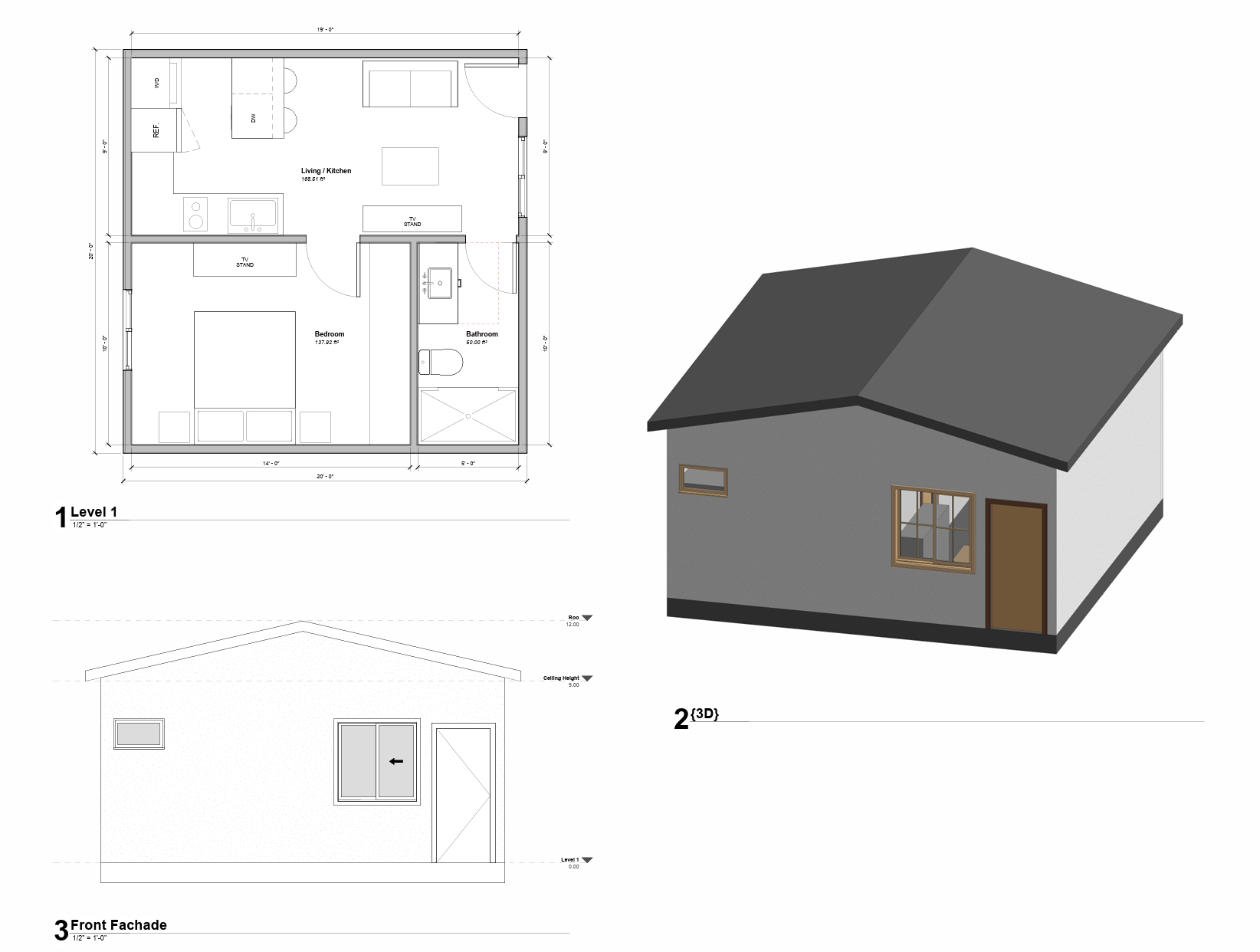 Sonoma ADU overview - floor plan, 3D view, and front facade view 3