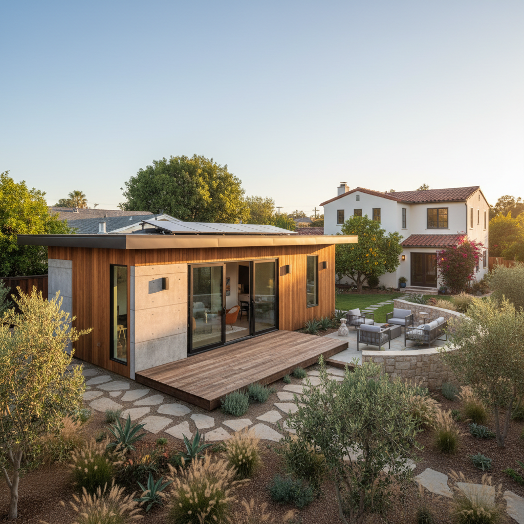 Zoning Variances for California ADUs: Do You Need One? — A modern, well-designed Accessory Dwelling Unit (ADU) nestled seamlessly and compliantly in a Californi