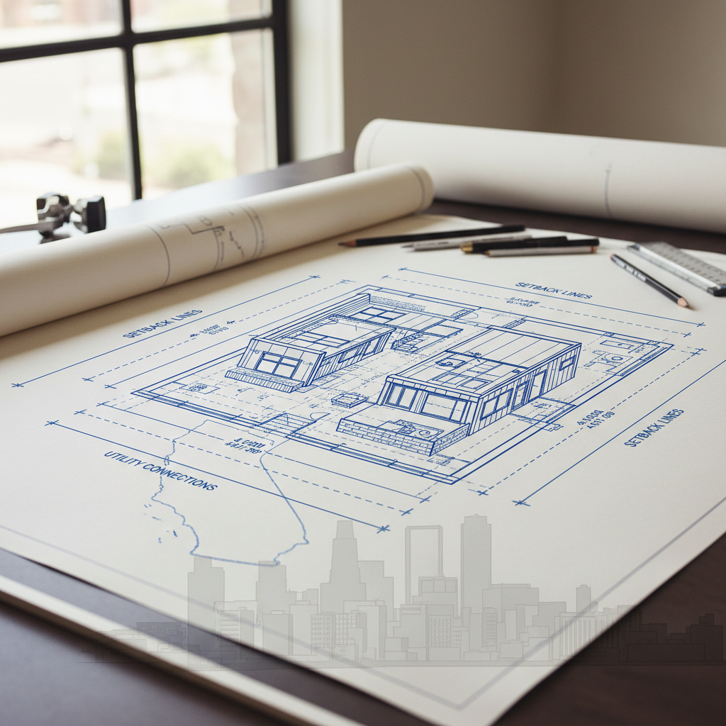 What Is an Over-the-Counter ADU Permit in California? — A detailed, professional architectural blueprint of a compliant, modern ADU design. Key elements like se