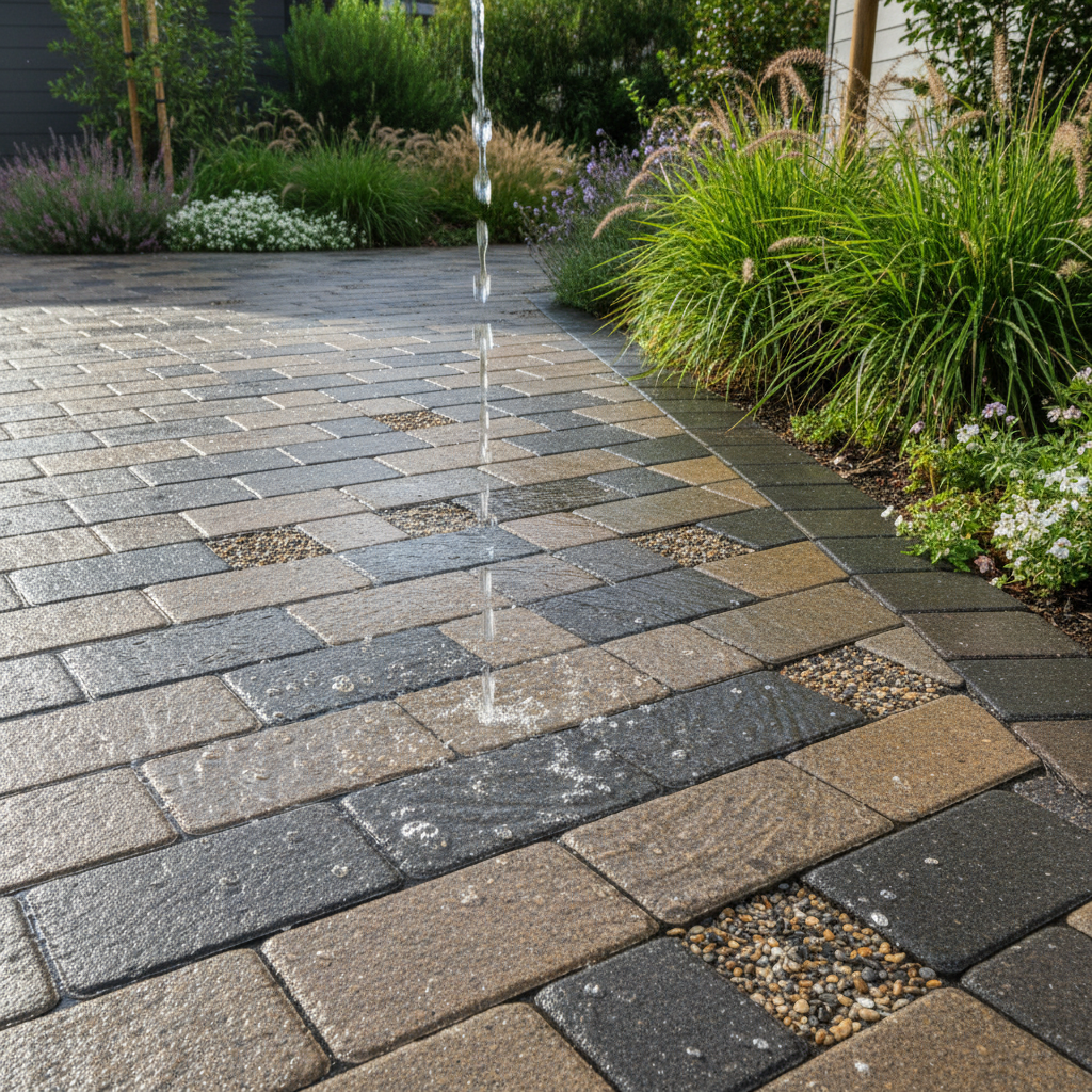 ADU Stormwater Requirements in California: A Guide — A close-up shot of permeable pavers on a contemporary ADU driveway, showing water visibly seeping between t