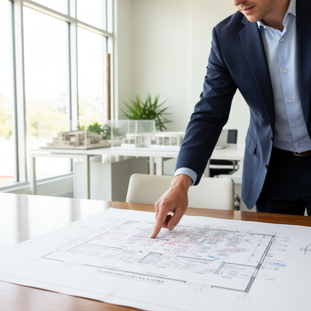 Gross vs. Net Floor Area: Understanding ADU Size Limits — An architect pointing to an ADU blueprint, specifically at a section detailing floor area calculations