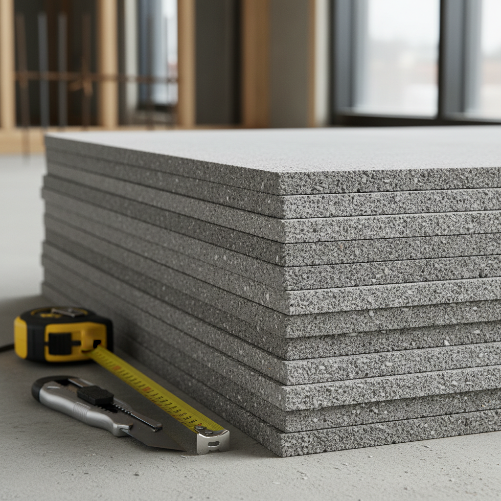 What Is Cement Board and Why It Is Used in ADU Wet Areas — Close-up of a stack of cement board panels, showing their textured surface and density, with a tape m