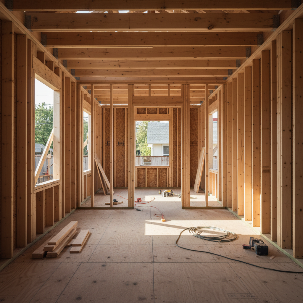 Photorealistic interior construction photo of a small house or ADU during framing. Visible wooden wall studs, ceiling joists, and roof rafters. The framing is o
