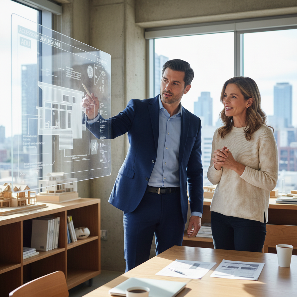 California's Housing Element: Paving the Way for ADUs — A professional architect or planner in a modern office, pointing to a digital blueprint of an ADU on a l