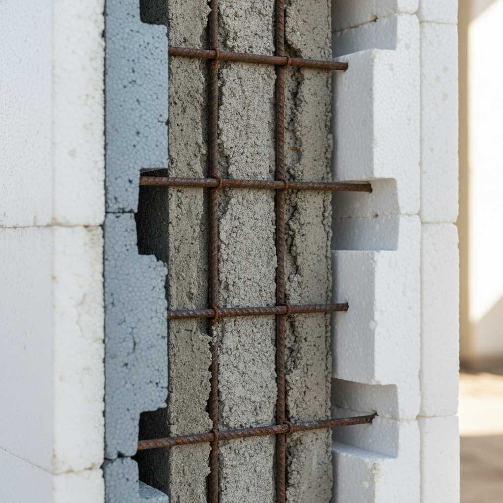 ICF ADU Construction: Build a Resilient, Efficient Backyard Home — A close-up, cutaway view of an ICF wall section, clearly showing the interlocking foam blocks