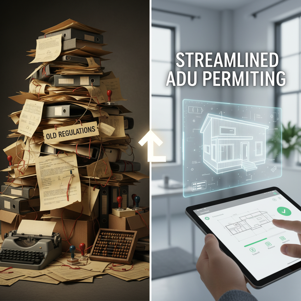 California's Housing Element: Paving the Way for ADUs — A split image or infographic-style image showing on one side a complex, bureaucratic pile of paper label