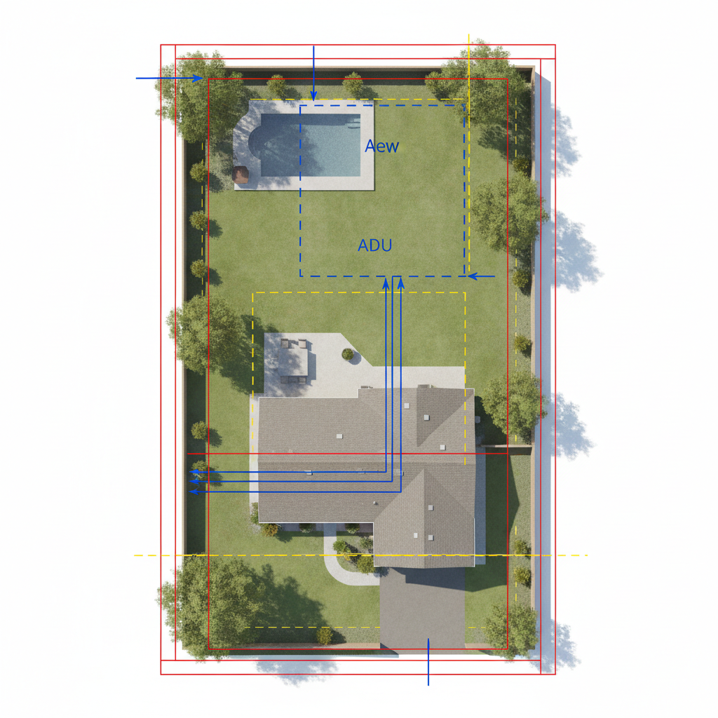 The ADU Design Phase: Before City Plans Go In — A detailed aerial view illustration of a residential property in California, showing a proposed ADU footprint in