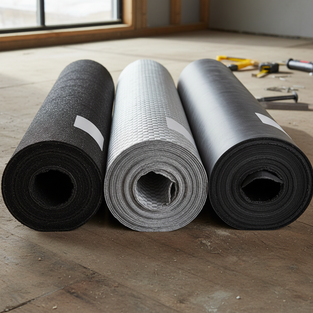 ADU Roof Underlayment: Your California Guide — A comparison image showing three distinct rolls of roof underlayment side-by-side: a dark roll of traditional asp