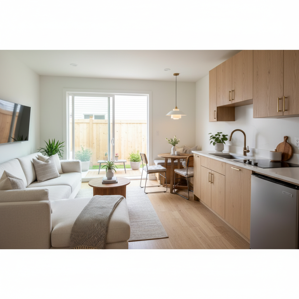 ADU Layout: Open Concept vs. Divided Rooms – Which is Best? — A cozy, open-concept ADU living area seamlessly flowing into a compact kitchen, with a comfortable