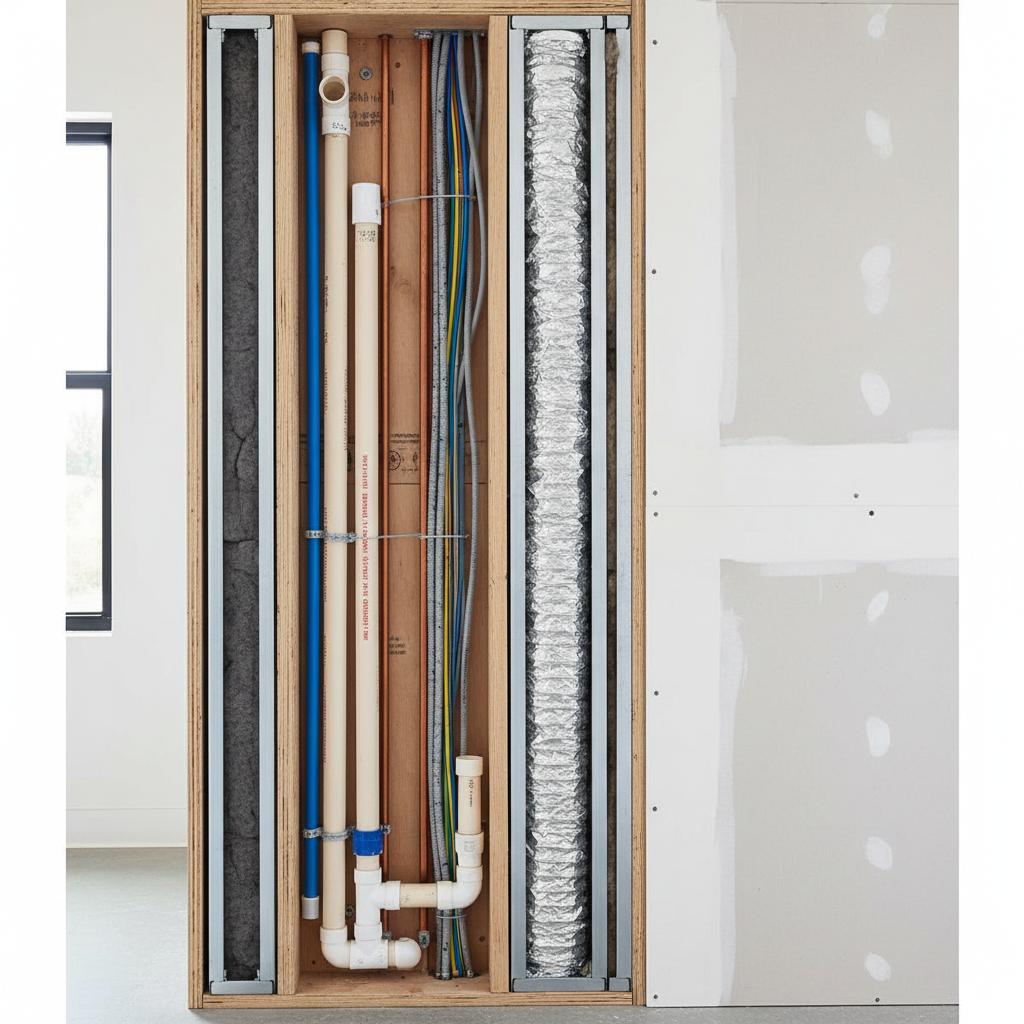 The Essential ADU Mechanical Chase: Design Matters — A cutaway architectural diagram showing the internal structure of a small ADU wall, clearly illustrating pl