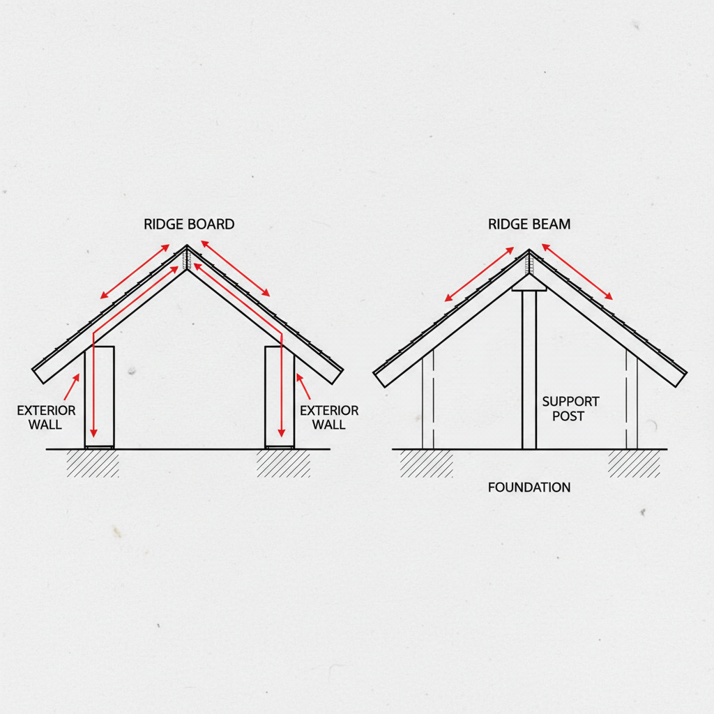 Ridge Board vs. Ridge Beam: Essential ADU Roof Framing Guide — A side-by-side, comparative photorealistic image: on the left, a simplified diagram of a roof sec