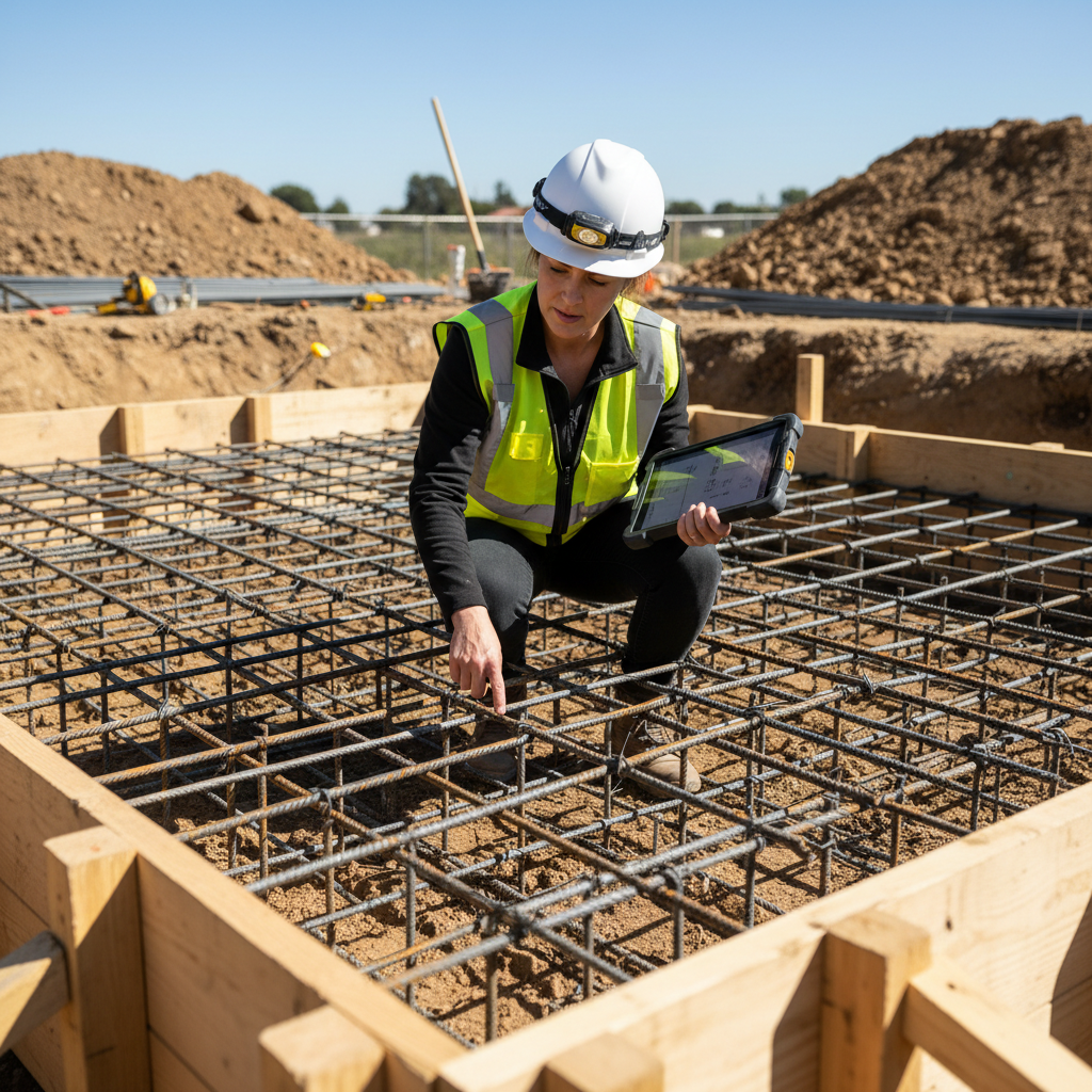 Rebar in ADU Foundation: Strength & Specification Explained — Photorealistic image showing a structural engineer or building inspector meticulously examining a