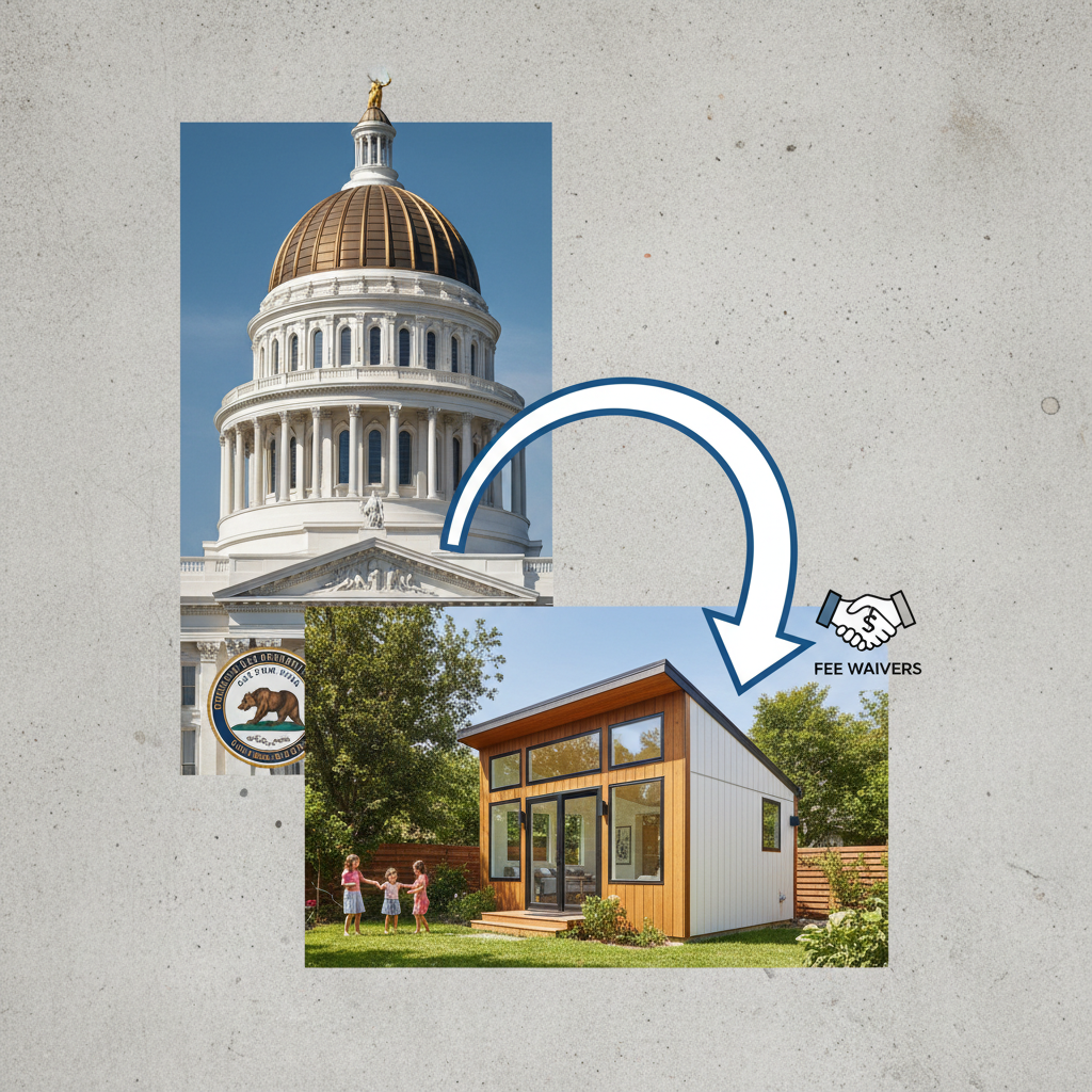 What Is an ADU Impact Fee and When Is It Waived in California — A graphic representation of California's state legislature building or the state seal, with an a