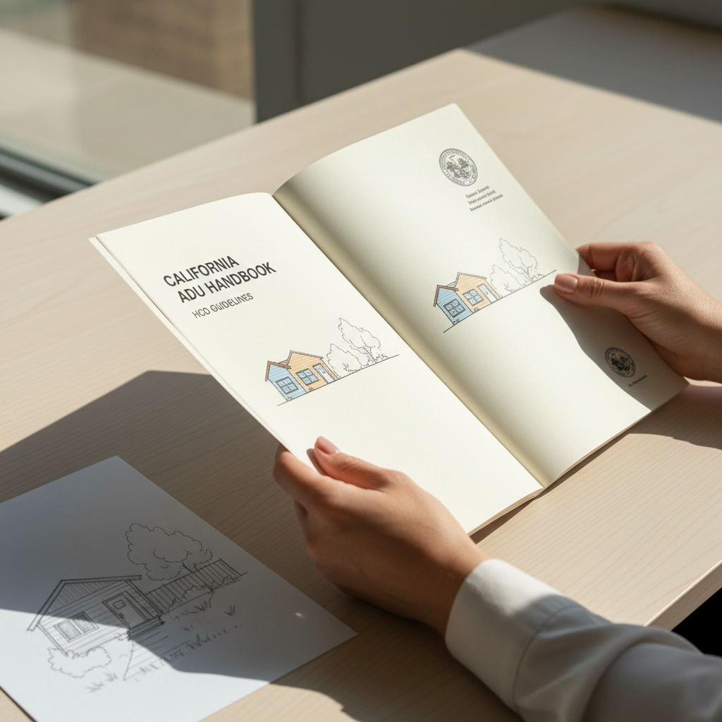 California HCD & ADUs: Understanding State Oversight — A person's hands holding an open, official-looking document with the title 'California ADU Handbook' or '