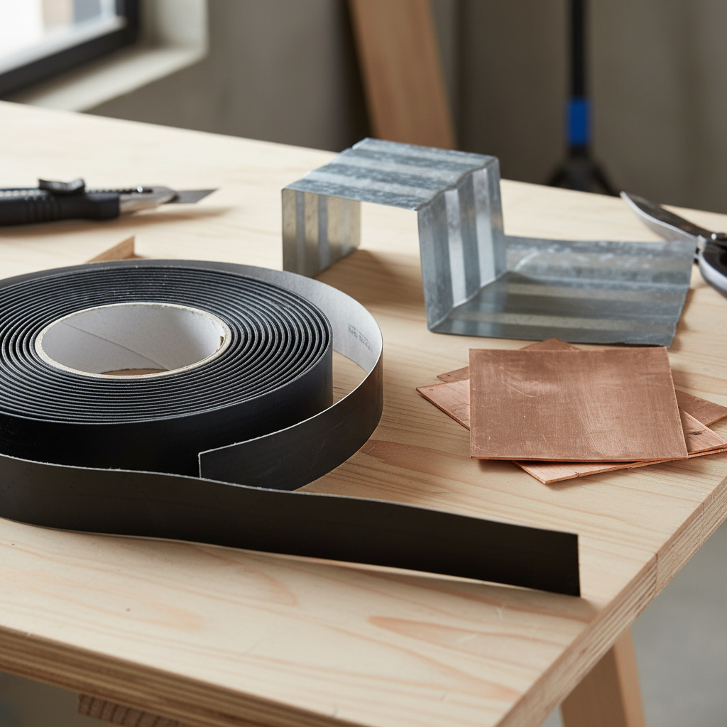 What Is Flashing in ADU Construction and Where It Gets Installed — A detailed, close-up shot illustrating various types of flashing materials: rolls of flexible