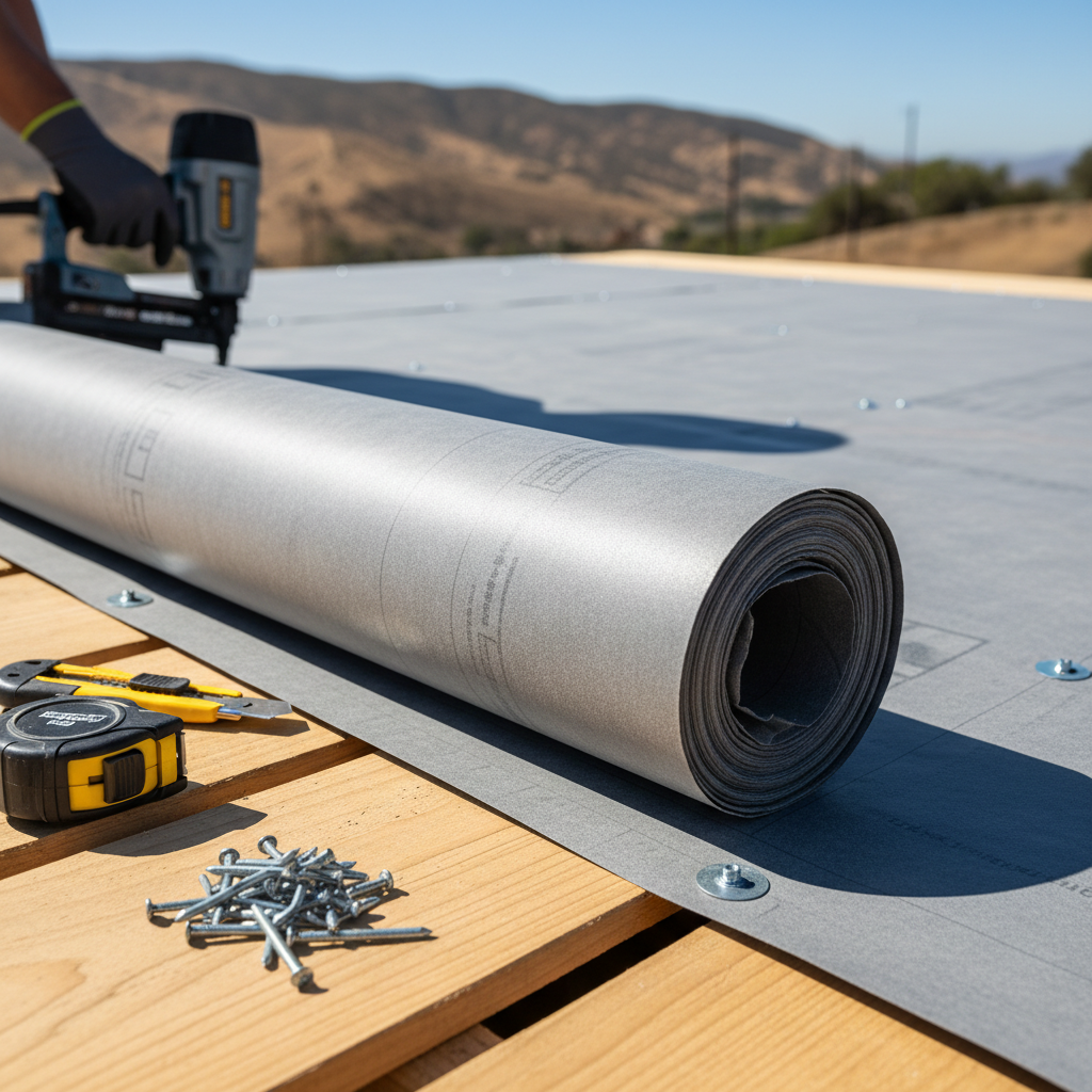 ADU Roof Underlayment: Your California Guide — Close-up, detailed shot of a section of an ADU roof deck with modern synthetic roof underlayment being unrolled a