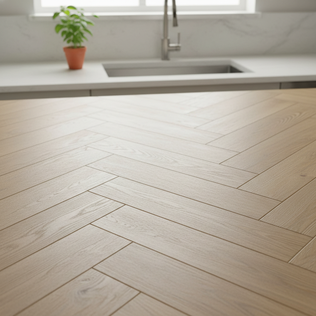 Choosing the Best Flooring for Your Small ADU — A close-up, high-angle shot of a luxurious vinyl plank (LVP) floor in a small, well-lit ADU kitchen, showing its