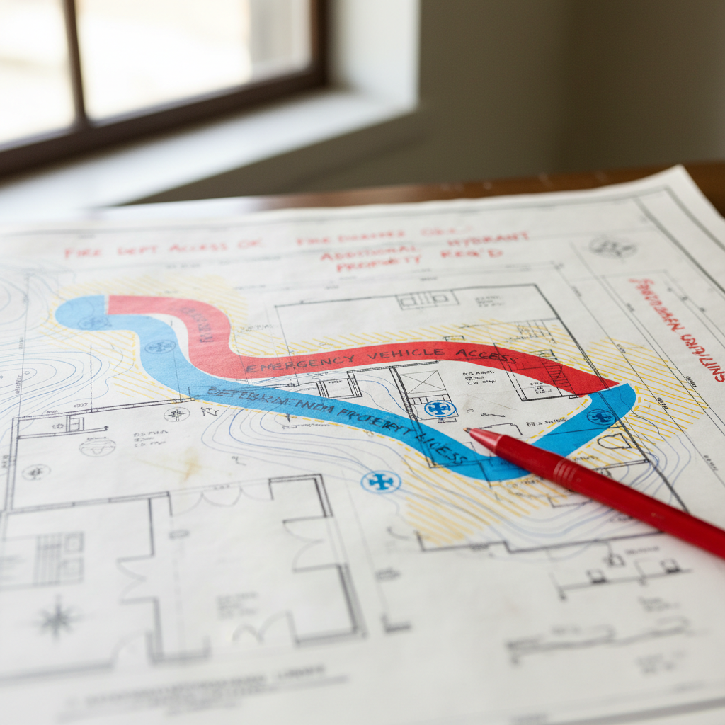 Navigating Your ADU Fire Department Review in California — A detailed architectural drawing or blueprint of an ADU site plan, with highlighted sections indicati