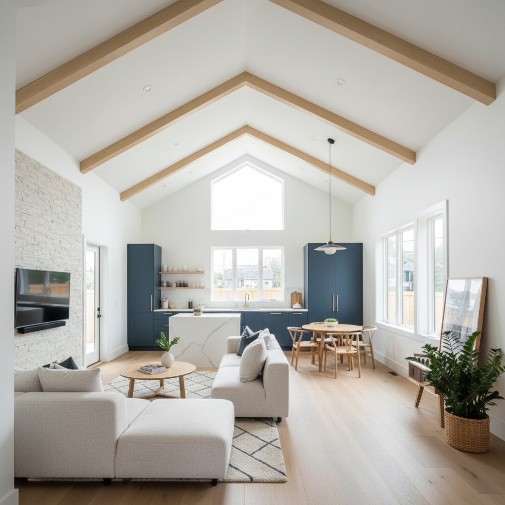 Truss Roof Systems for ADUs: A Comprehensive Guide — A photorealistic interior shot of a finished ADU living space with a vaulted ceiling, illustrating the open