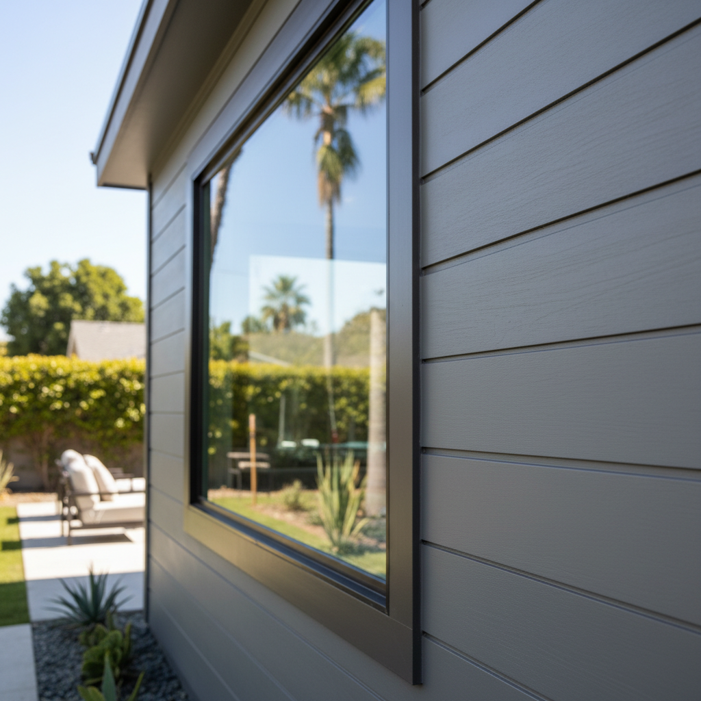 Best ADU Siding for California: Durability & Style — A close-up of a high-quality fiber cement siding installation on an ADU in California, showing a clean, dur
