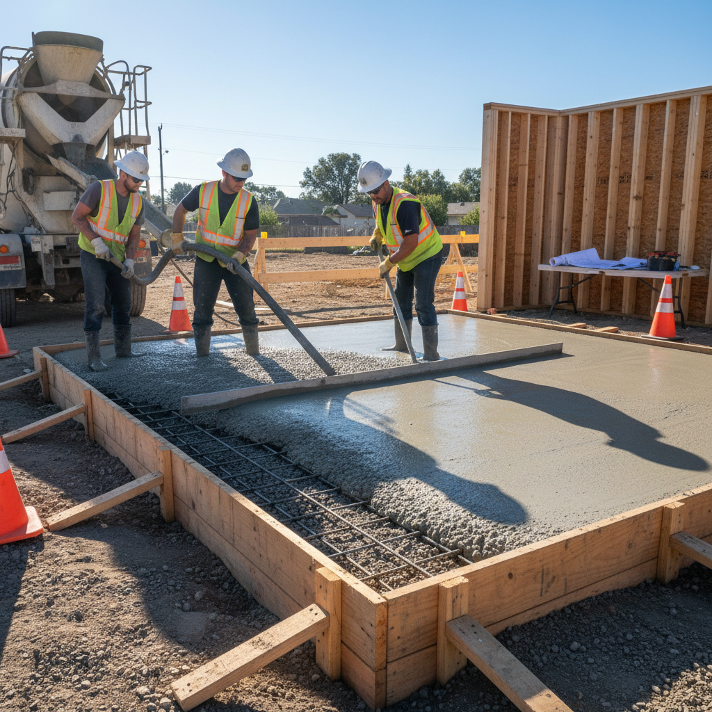 ADU Concrete Flatwork: Essential Guide for Your Backyard Home — Construction workers carefully pouring and leveling concrete for an ADU's slab foundation, with