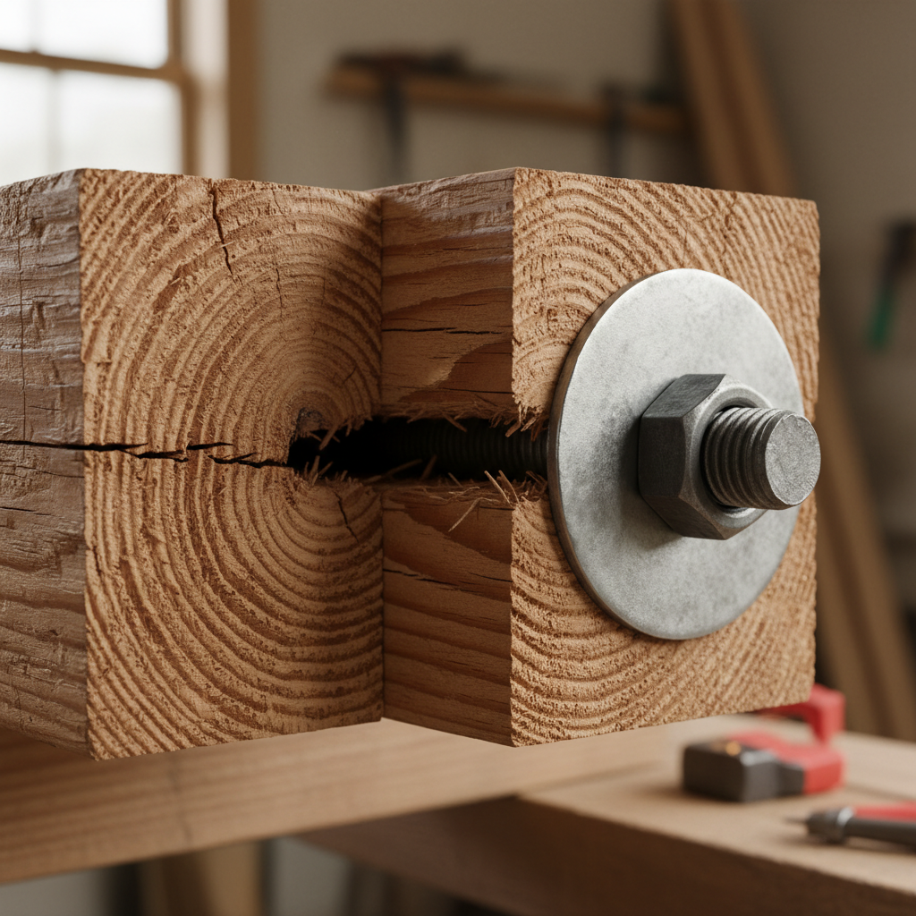 Through-Bolt Connections: The Unsung Heroes of ADU Strength — A photorealistic, detailed cutaway view of a through-bolt connecting two heavy timber beams, clear