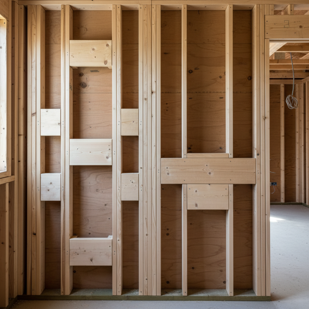 Essential Blocking in ADU Wall Framing: What & Why It's Needed β A detailed, photorealistic image of an ADU bathroom wall during the framing phase, prominently