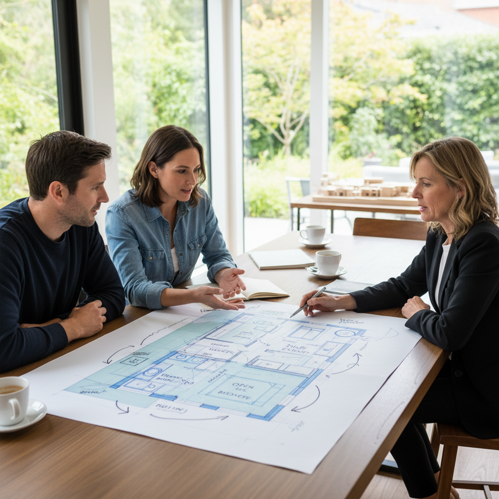 What is a Conceptual ADU Design and When Do You Need One? — A homeowner couple sitting at a table with an architect, reviewing a preliminary hand-drawn or digit