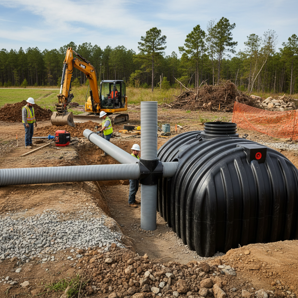 ADU Permitting in Rural California: What You Need to Know — A detailed, close-up shot of a construction site showing the installation of a modern septic system,