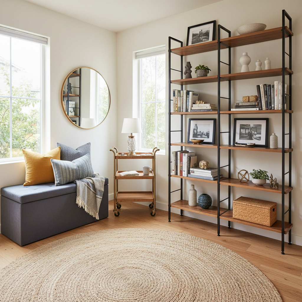 ADU Storage: Built-In vs. Flexible for Your Backyard Home — A vibrant, well-organized living area within a small ADU, demonstrating flexible storage. A stylish,