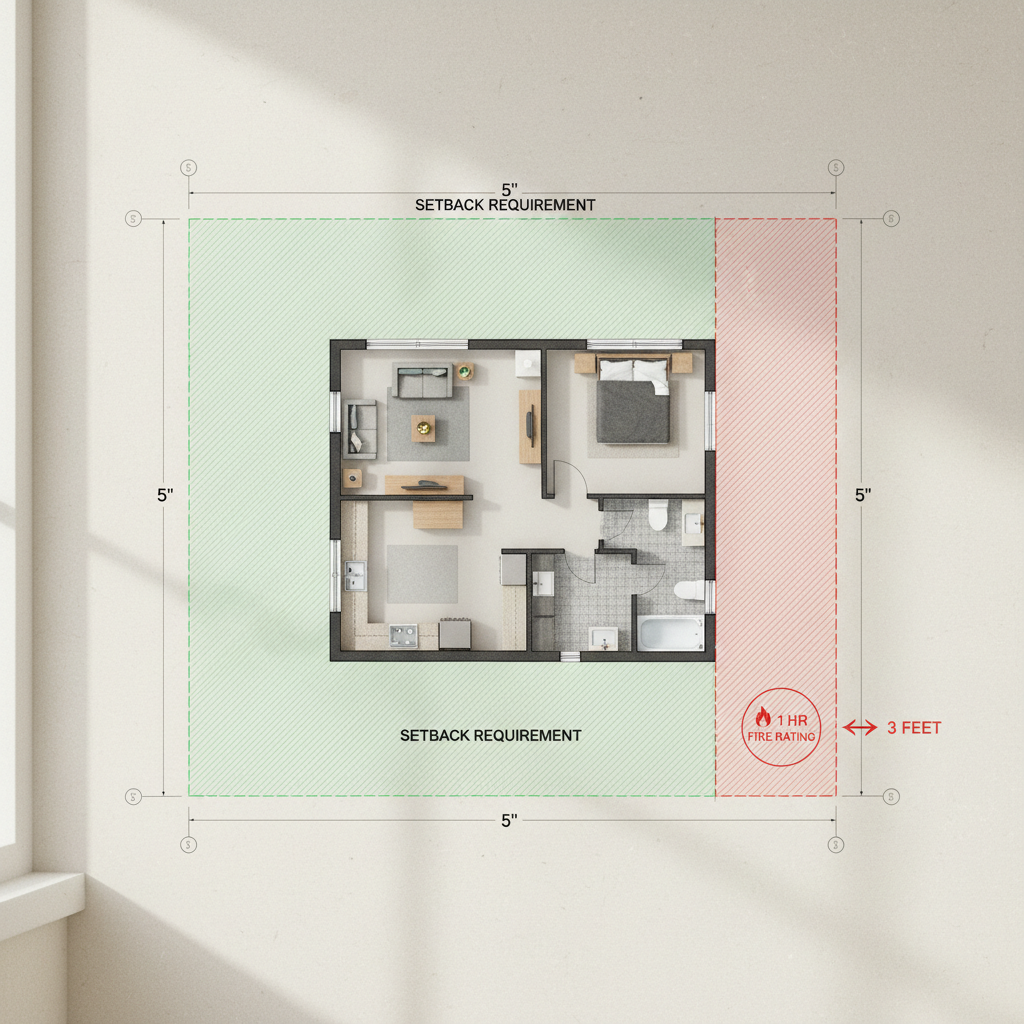 Fire-Rated Walls for ADUs: What You Need to Know — A photorealistic architectural drawing or 3D render of an ADU floor plan overlayed with safety zones, highlig