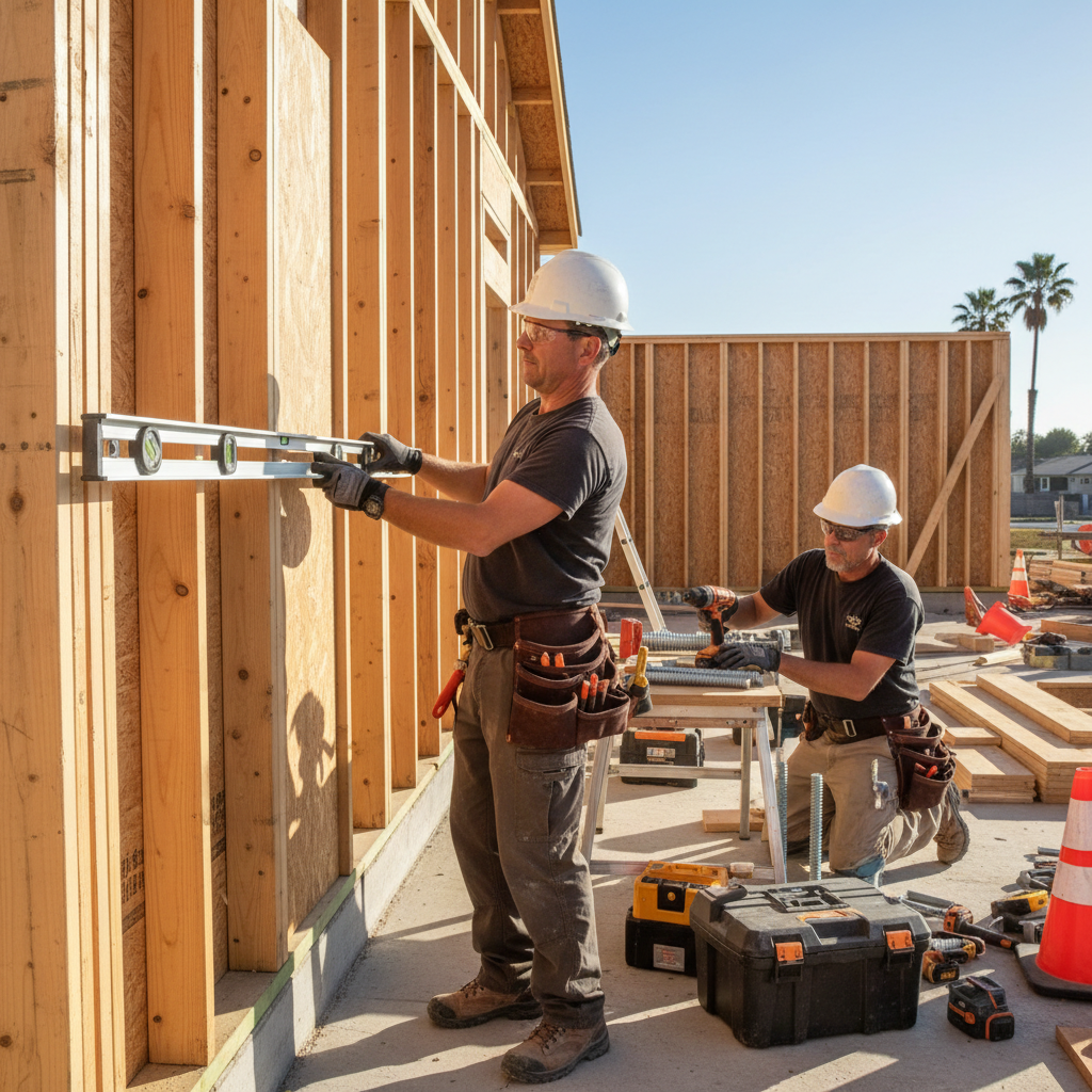 Ledger Boards: Essential for Attached ADU Construction — A construction site image showcasing skilled workers meticulously installing a ledger board for an atta