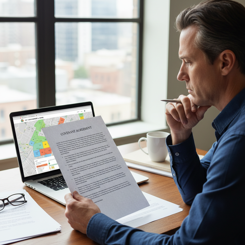 ADU Covenants for Affordable Housing: When Required? — A homeowner at a desk, looking thoughtfully at a document with legal clauses, possibly a covenant agreeme