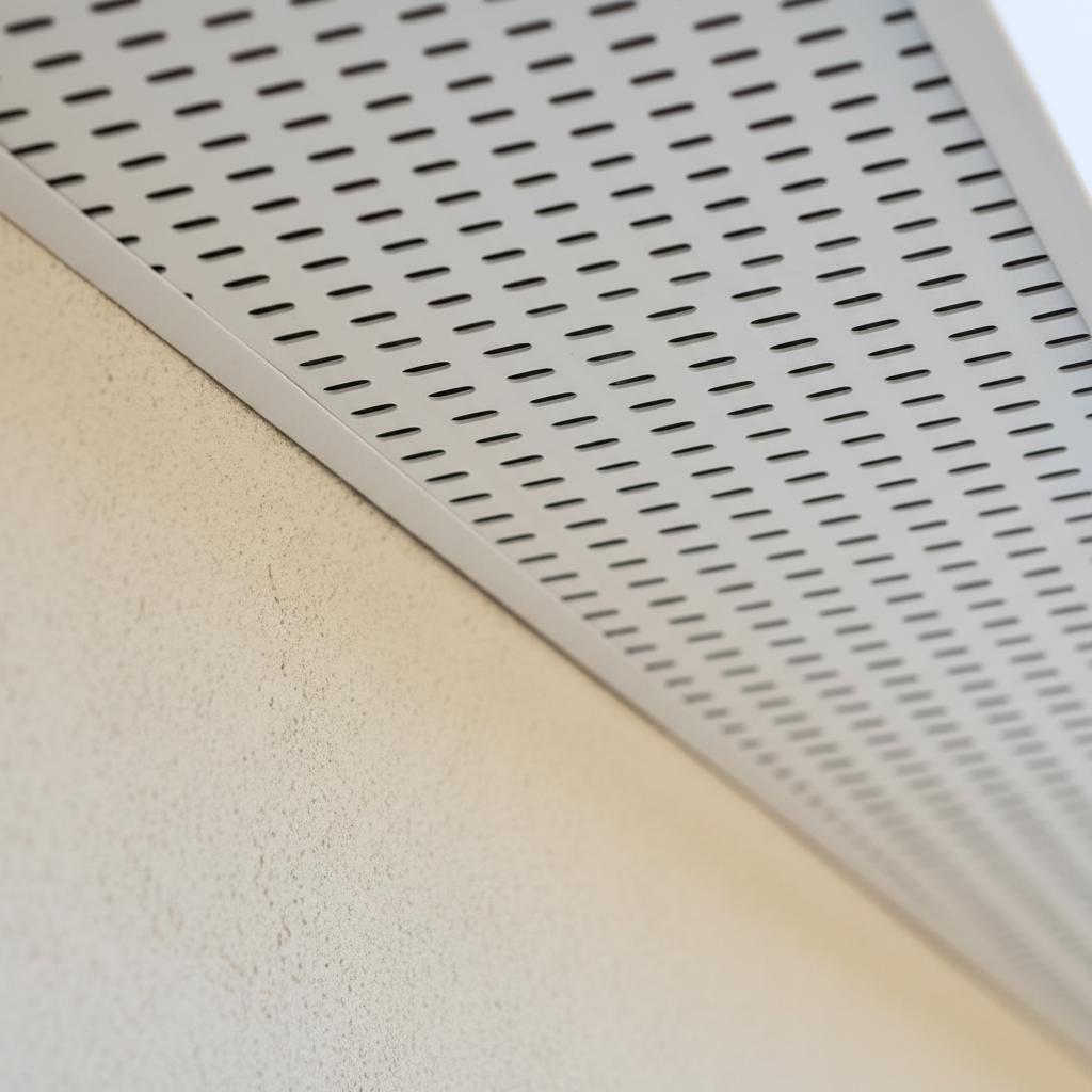 Soffits in ADU Construction: A Comprehensive Guide — A close-up, detailed shot of a well-installed, white ventilated vinyl soffit on an ADU, showing the subtle