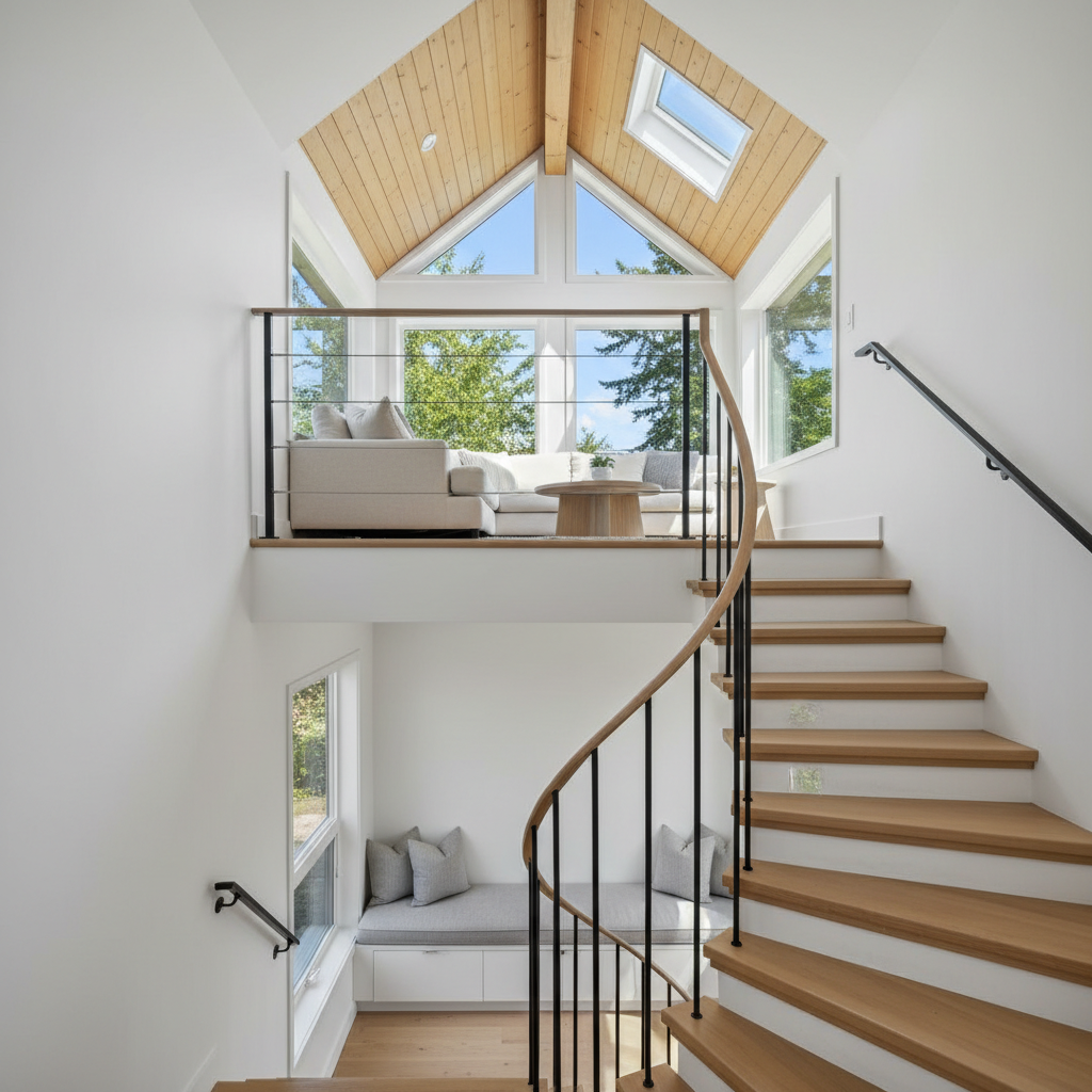 Two-Story ADU: When Vertical Makes Sense for Your Project — Photorealistic, interior view of a modern, space-saving spiral staircase within a compact two-story