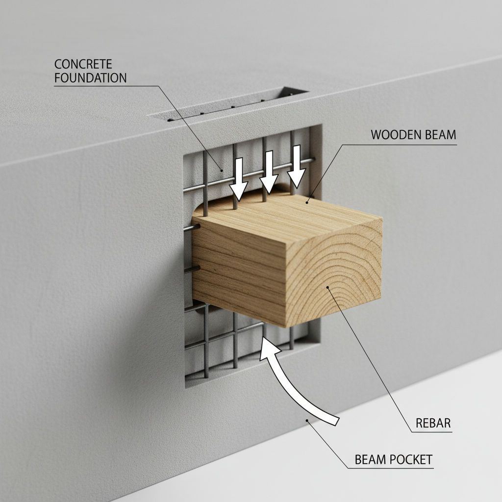 Beam Pockets in ADU Construction: Detailing Explained — A clear, professional diagram showing a cross-section of a concrete foundation with a beam pocket. A woo