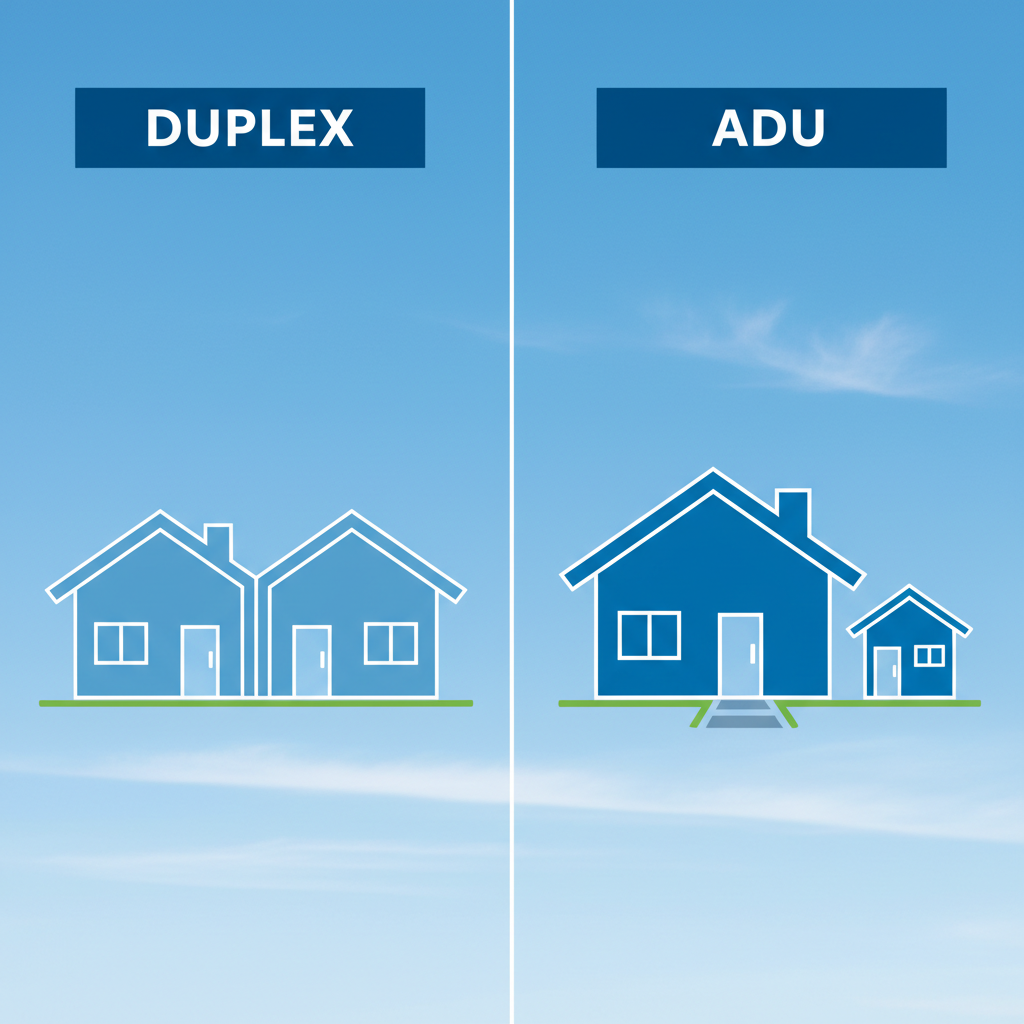 Duplex vs. ADU: Understanding Multi-Unit Housing in CA — A split image or infographic-style image clearly contrasting the legal and functional differences betwe