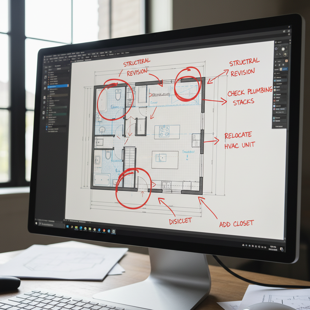 Building Department Correction Letters for ADUs: A Guide — A digital rendering or CAD drawing of an ADU plan with various annotations, red circles, and notes, s