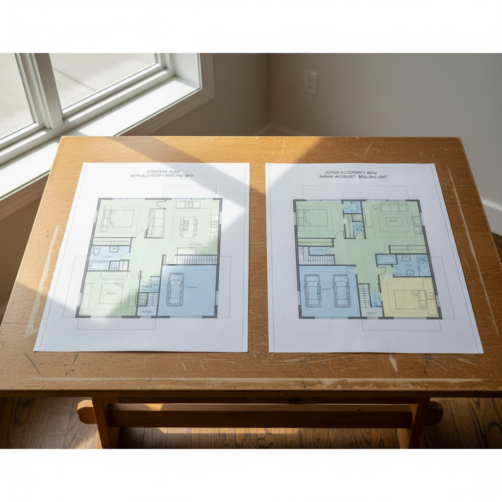 Attached ADU vs. JADU: Converting Your Space in CA — Photorealistic architectural rendering of a floor plan comparison, visually illustrating the distinct layou