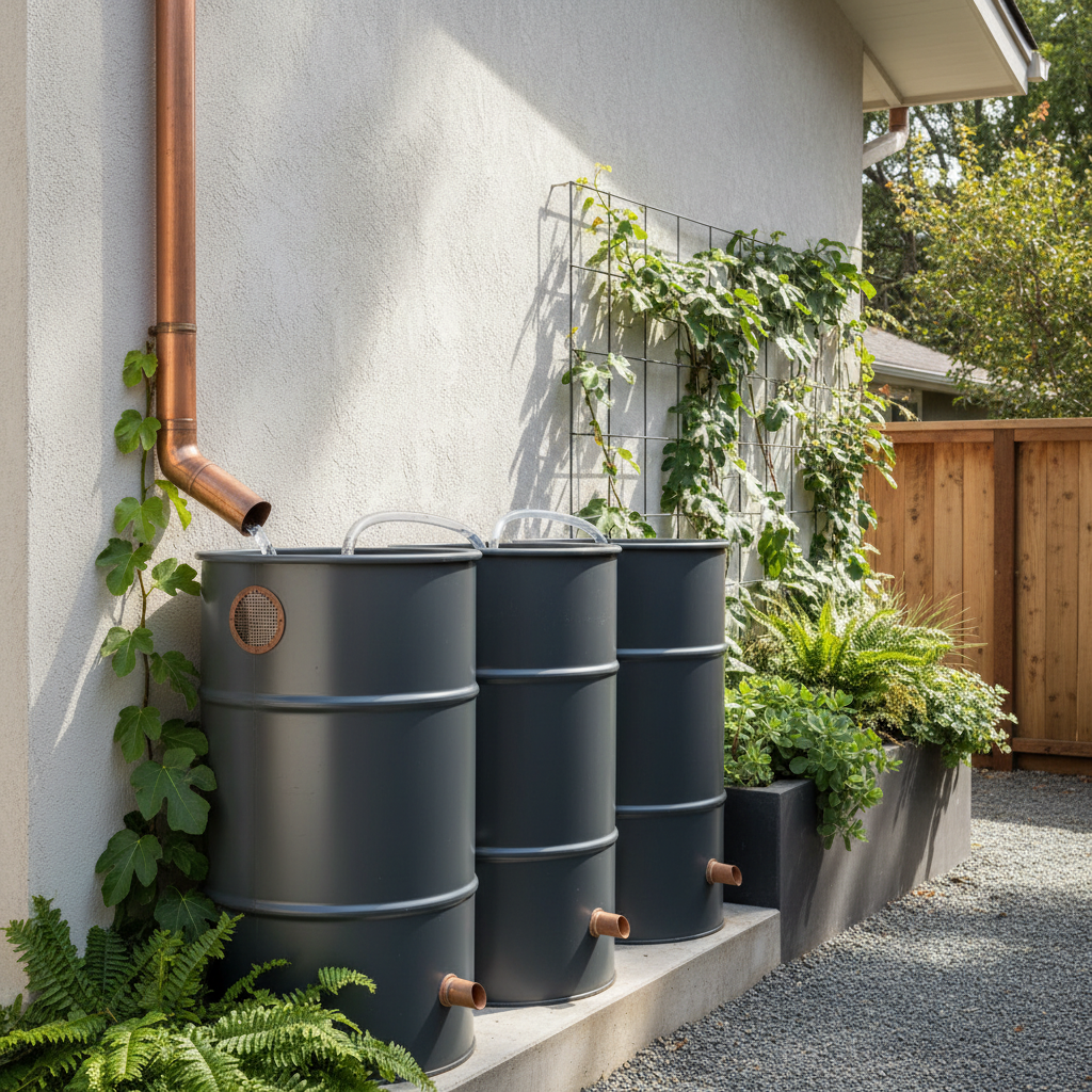 ADU Stormwater Requirements in California: A Guide — An elegant rain barrel or cistern system integrated into the side of an ADU, collecting rainwater from the