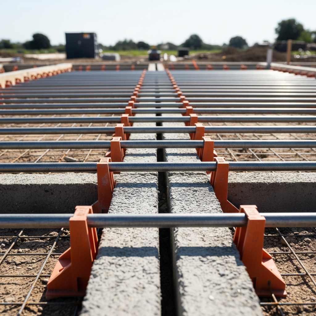 What Is a Dowel Bar and How It Is Used in ADU Foundation and Slab Work — A construction site view showing multiple smooth steel dowel bars meticulously placed a