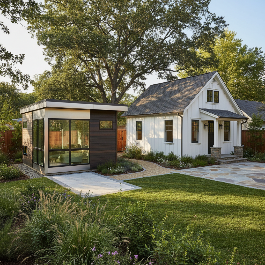 Studio vs. 1-Bedroom ADU: Choosing Your Ideal Layout — A detailed architectural rendering or photograph of a backyard showcasing two different ADU structures si