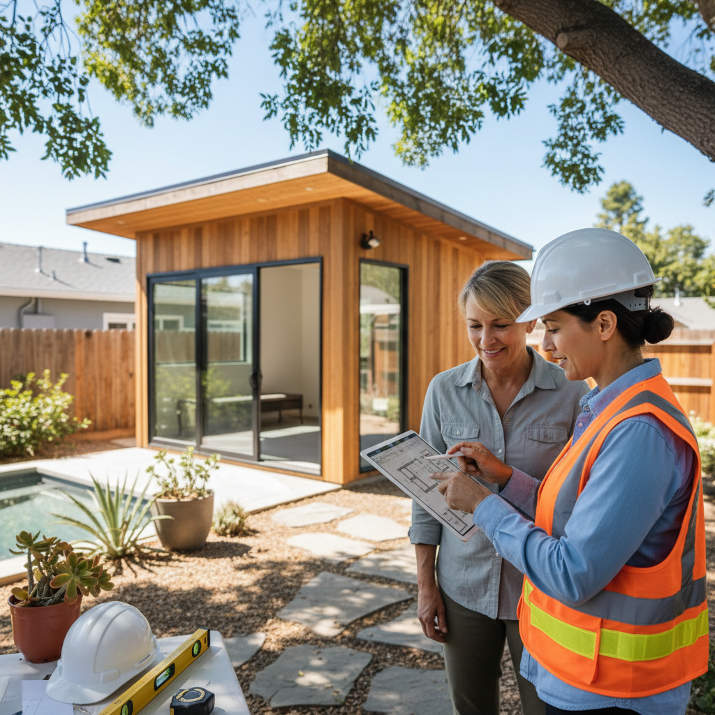 Pool House to ADU: Your Ultimate Conversion Guide — A professional architect or ADU specialist in a hard hat and safety vest, reviewing design plans on a tablet