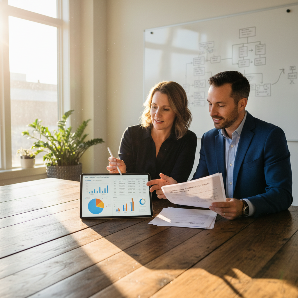 Understanding ADU Utility Capacity Fees in California — A homeowner and a GatherADU consultant looking at a tablet or architectural drawings, discussing financi