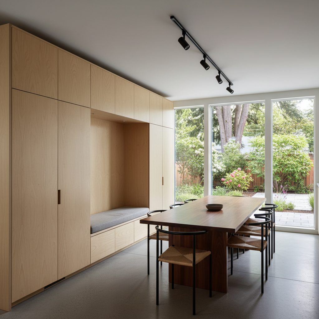 ADU Flex Space: Design for Multiple Uses & Maximize Value — Photorealistic image of an ADU interior designed for ultimate flexibility. A long, custom-built modu
